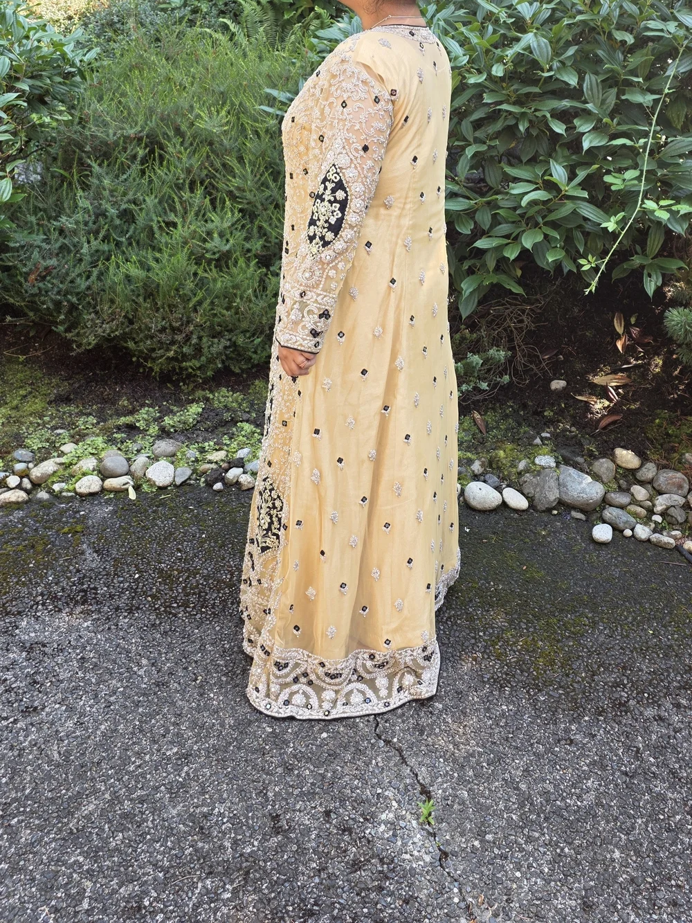 Embellished Gold Long-Sleeve Formal Anarkali Indian Dress
